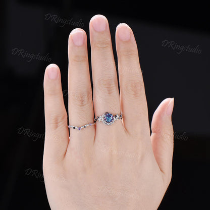 1ct Round Fireworks Cut Alexandrite Crescent Moon Engagement Ring Set Nature Leaf Cluster Amethyst Black Spinel Silver Stacking Ring Set