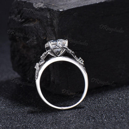 3ct Portuguese Cut Moissanite Engagement Ring 14K White Gold Entangled Vines Bridal Ring Nature Flower Colorless Moissanite Promise Ring