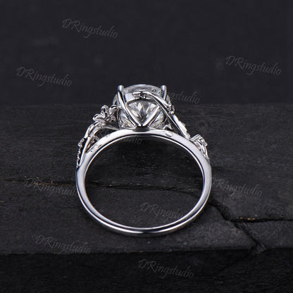 3ct Portuguese Cut Moissanite Engagement Ring 14K White Gold Entangled Vines Bridal Ring Nature Flower Colorless Moissanite Promise Ring