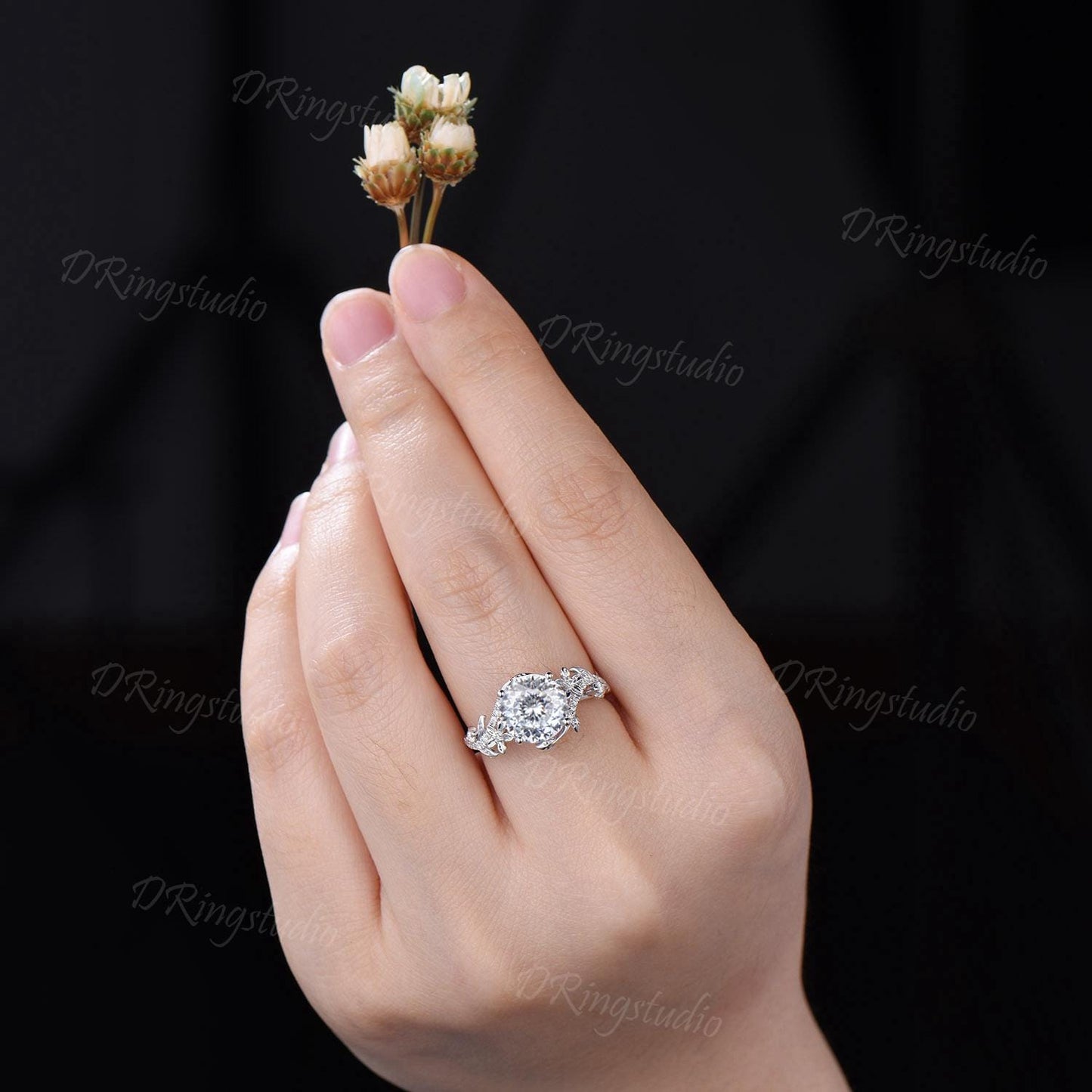 3ct Portuguese Cut Moissanite Engagement Ring 14K White Gold Entangled Vines Bridal Ring Nature Flower Colorless Moissanite Promise Ring
