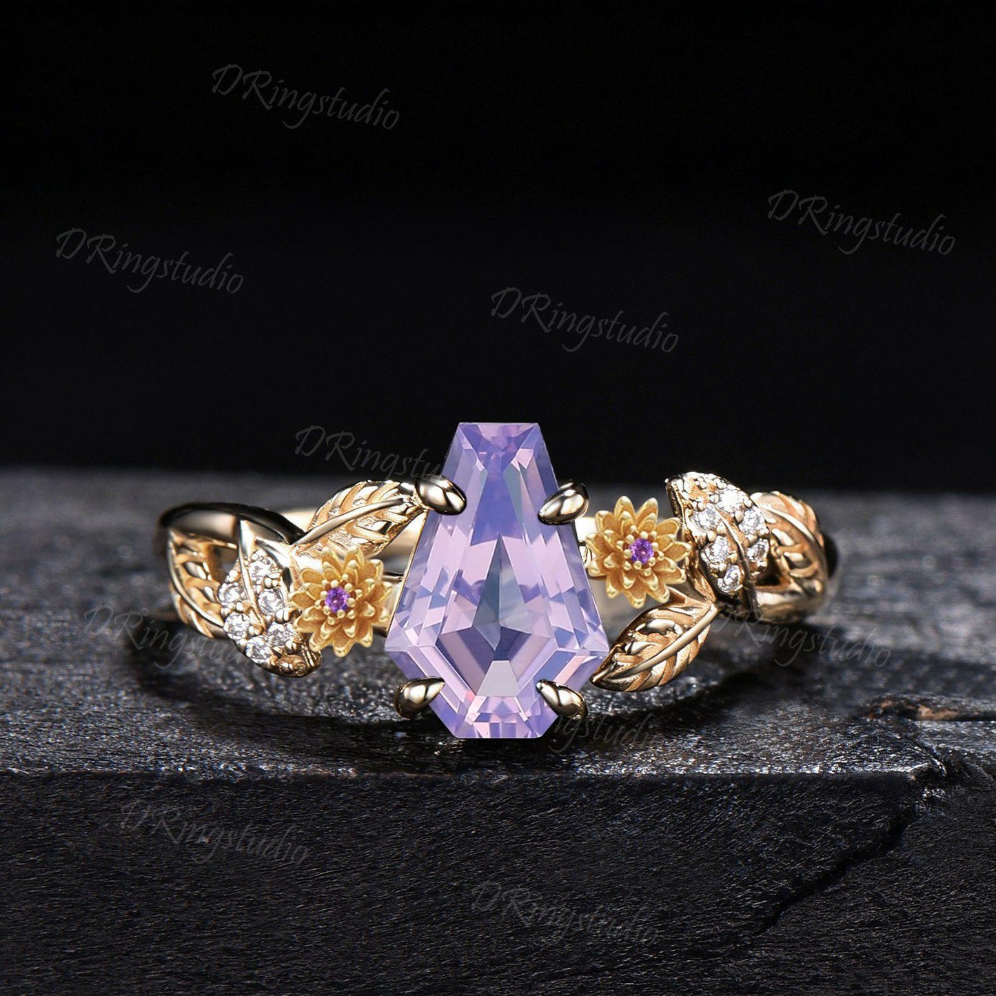 Coffin Cut Natural Lavender Amethyst Engagement Ring Chrysanthemum November Birth Flower Leaf Women Wedding Ring Personalized Birthday Gifts