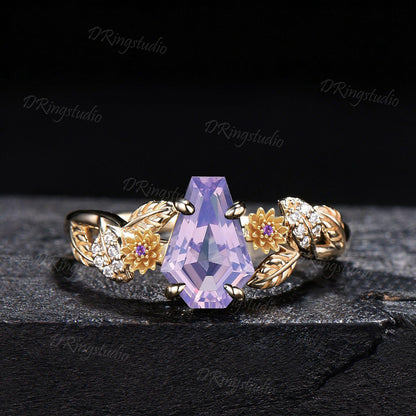 Coffin Cut Natural Lavender Amethyst Engagement Ring Chrysanthemum November Birth Flower Leaf Women Wedding Ring Personalized Birthday Gifts