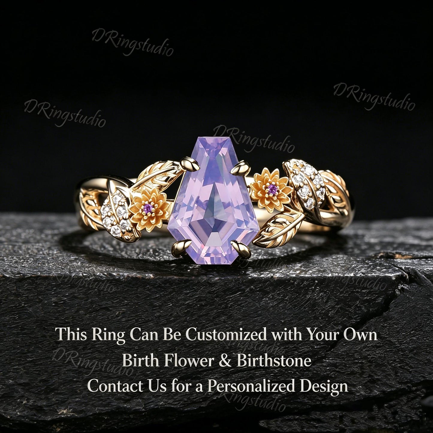 Coffin Cut Natural Lavender Amethyst Engagement Ring Chrysanthemum November Birth Flower Leaf Women Wedding Ring Personalized Birthday Gifts