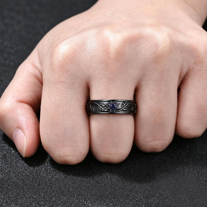 Galaxy Blue Sandstone Nature Inspired Sun Symbol Wedding Band Black Gold Leaf Vine Blue Goldstone Men's Engagement Ring for Boyfriend & Dad