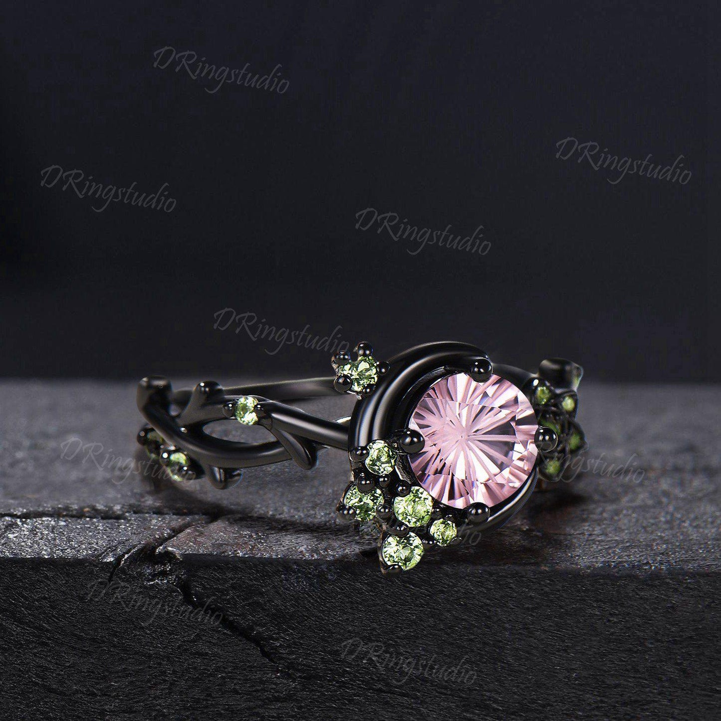 Fireworks Cut Padparadscha Sapphire Engagement Ring Black Gold Crescent Moon Peridot Wedding Ring Round Pink Sapphire Star Leaf Ring for Her