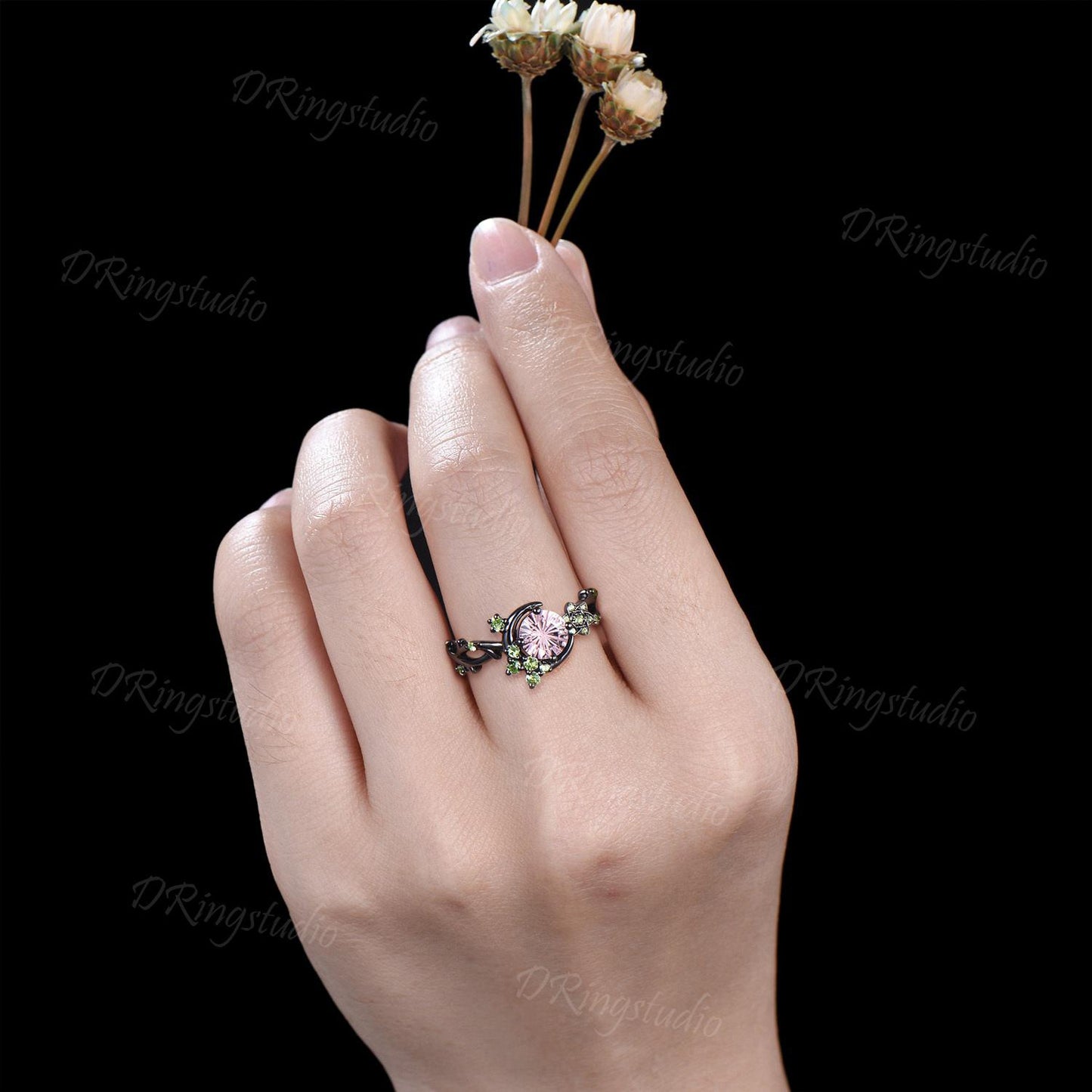 Fireworks Cut Padparadscha Sapphire Engagement Ring Black Gold Crescent Moon Peridot Wedding Ring Round Pink Sapphire Star Leaf Ring for Her