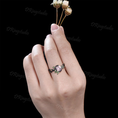 Fireworks Cut Padparadscha Sapphire Engagement Ring Black Gold Crescent Moon Peridot Wedding Ring Round Pink Sapphire Star Leaf Ring for Her