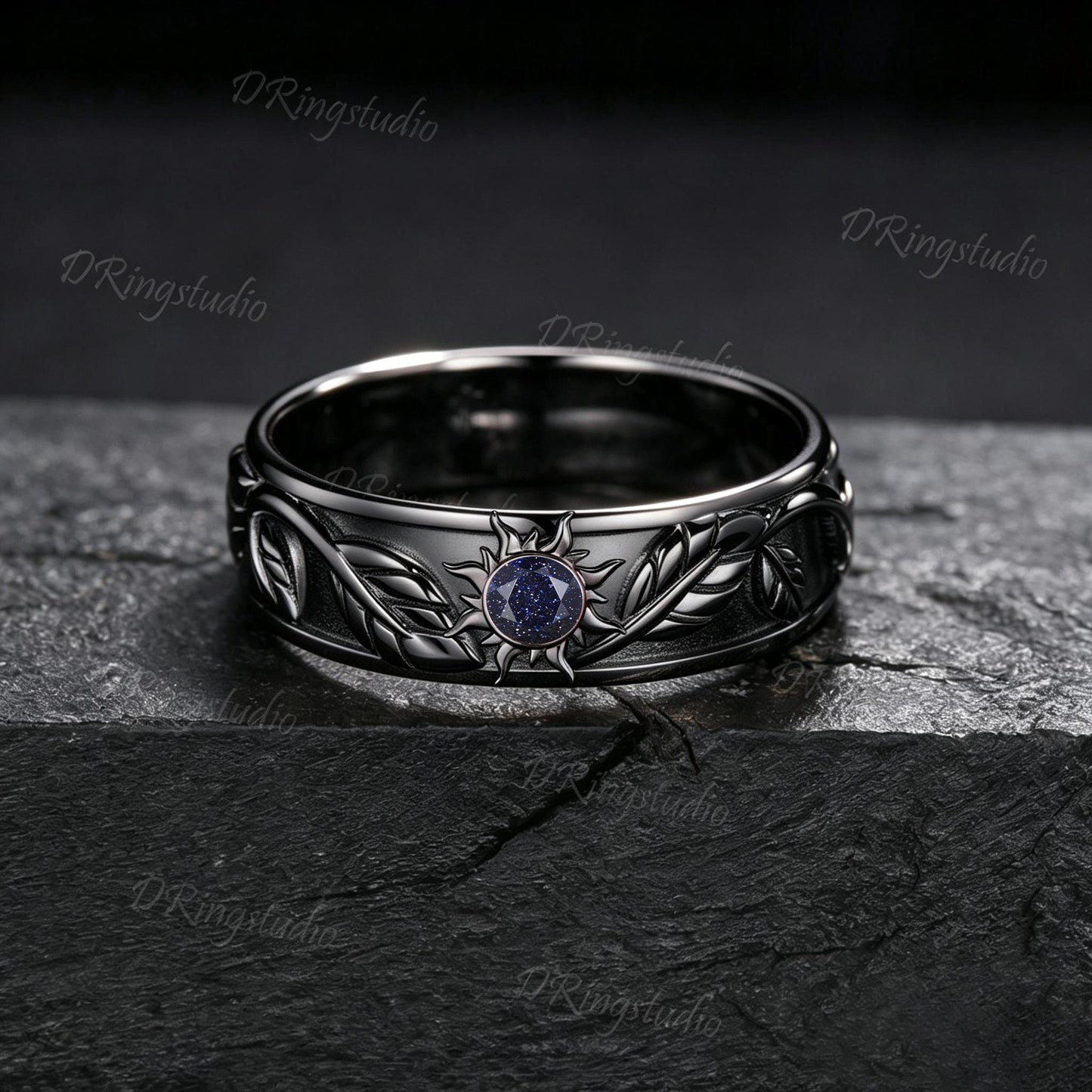 Galaxy Blue Sandstone Nature Inspired Sun Symbol Wedding Band Black Gold Leaf Vine Blue Goldstone Men's Engagement Ring for Boyfriend & Dad