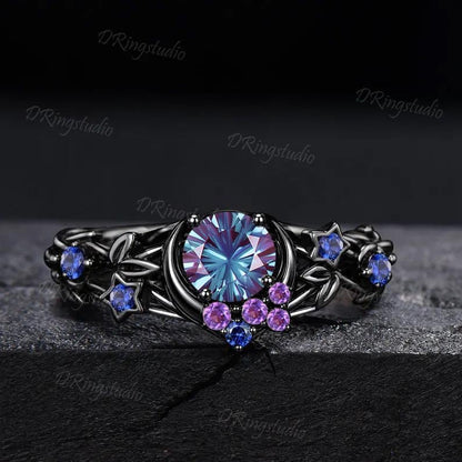 Unique Fireworks Cut Alexandrite Engagement Ring Set Moon Leaf Design Black Gold Amethyst Cluster Wedding Rings Alternative Bridal Gift