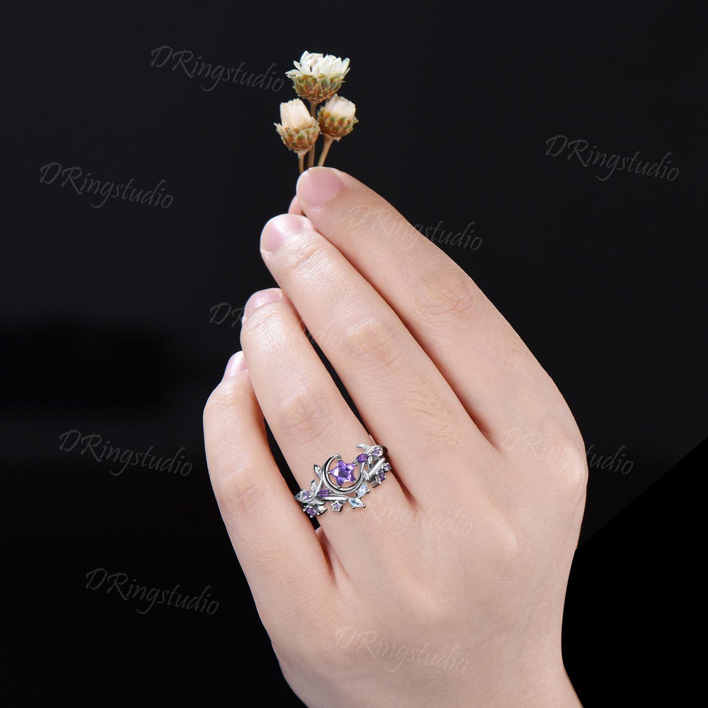 Star Shape Amethyst Ring Set Celestial Inspired Moon Vine Engagement Ring 10K White Gold Moonstone Amethyst Cluster Ring Gifts for Women