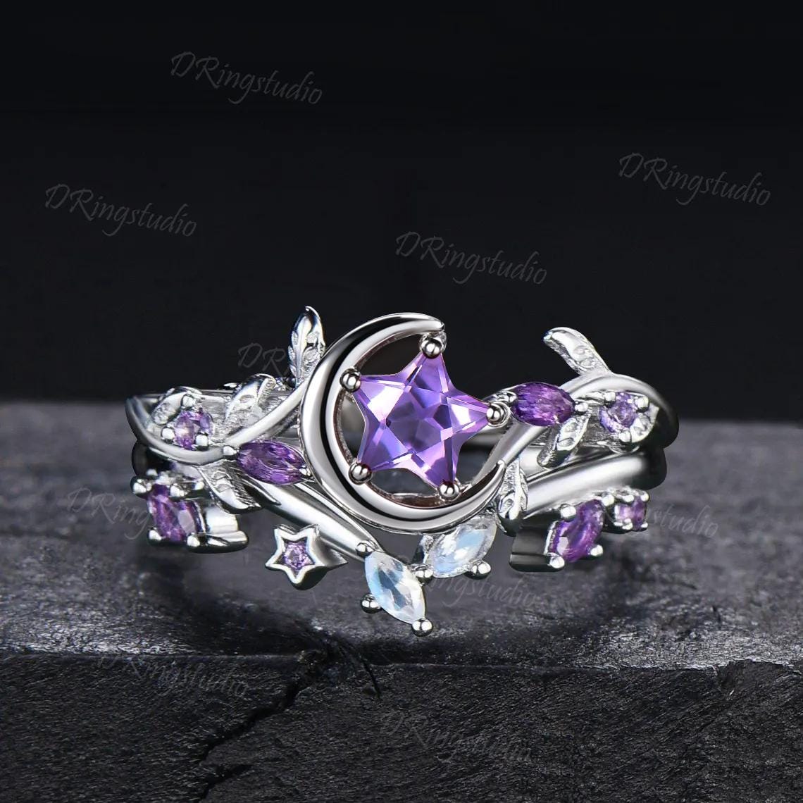 Star Shape Amethyst Ring Set Celestial Inspired Moon Vine Engagement Ring 10K White Gold Moonstone Amethyst Cluster Ring Gifts for Women
