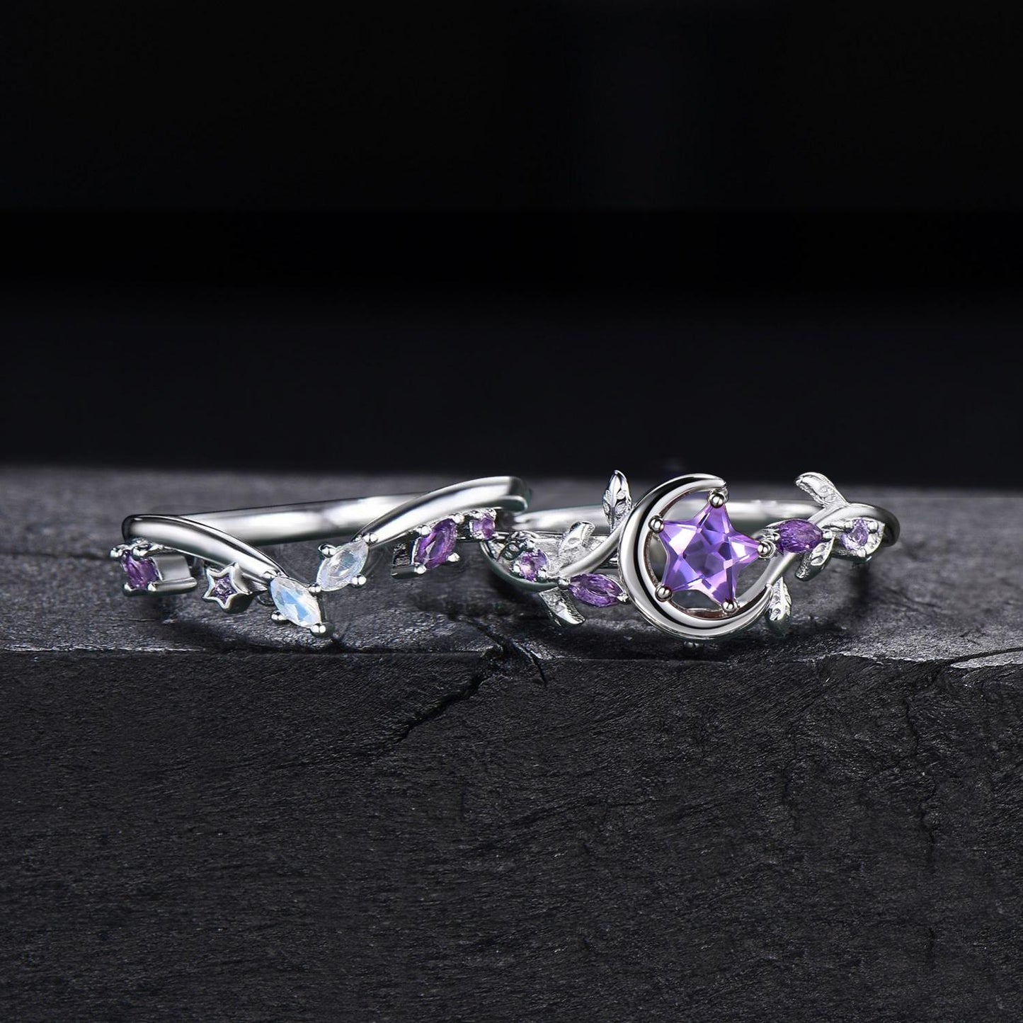 Star Shape Amethyst Ring Set Celestial Inspired Moon Vine Engagement Ring 10K White Gold Moonstone Amethyst Cluster Ring Gifts for Women