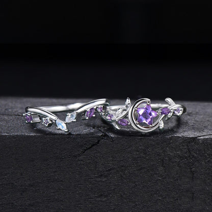 Star Shape Amethyst Ring Set Celestial Inspired Moon Vine Engagement Ring 10K White Gold Moonstone Amethyst Cluster Ring Gifts for Women