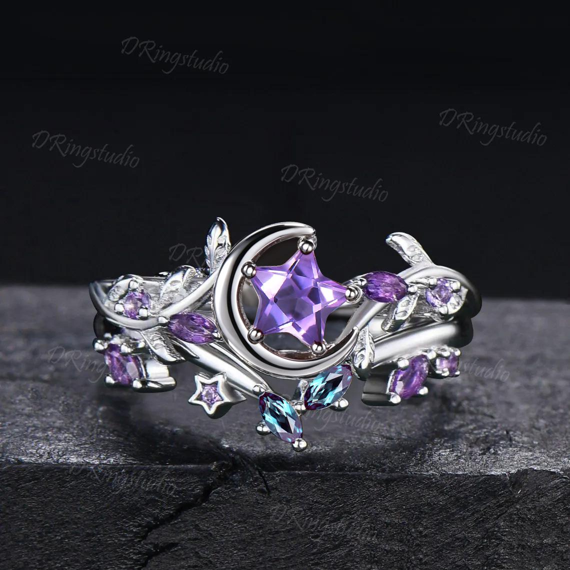 Star Shape Amethyst Ring Set Celestial Inspired Moon Vine Engagement Ring 10K White Gold Moonstone Amethyst Cluster Ring Gifts for Women