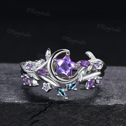 Star Shape Amethyst Ring Set Celestial Inspired Moon Vine Engagement Ring 10K White Gold Moonstone Amethyst Cluster Ring Gifts for Women