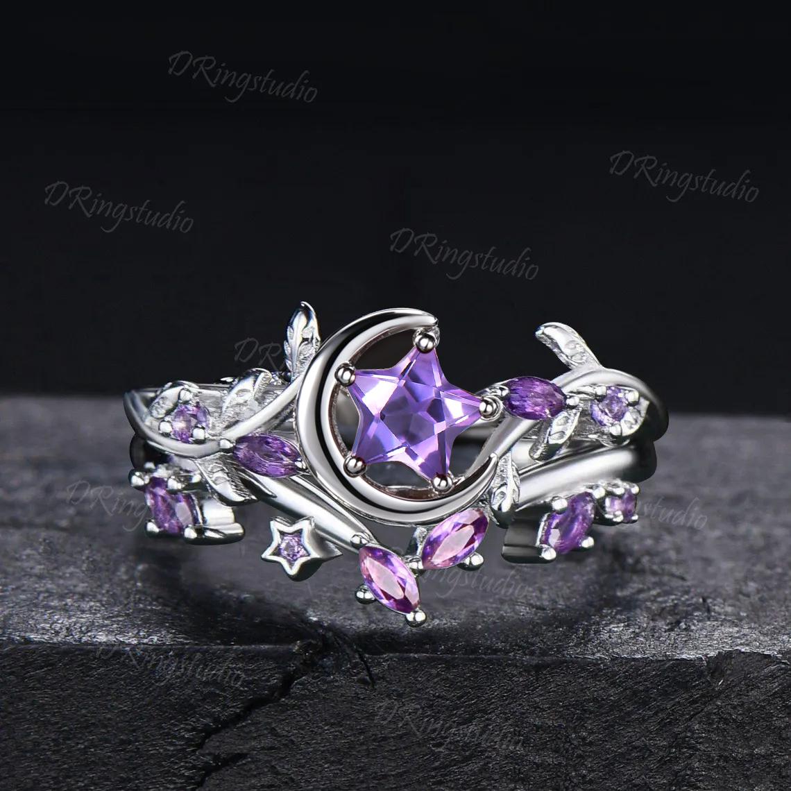 Star Shape Amethyst Ring Set Celestial Inspired Moon Vine Engagement Ring 10K White Gold Moonstone Amethyst Cluster Ring Gifts for Women