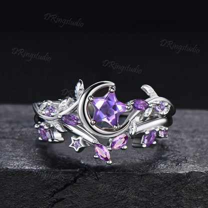 Star Shape Amethyst Ring Set Celestial Inspired Moon Vine Engagement Ring 10K White Gold Moonstone Amethyst Cluster Ring Gifts for Women
