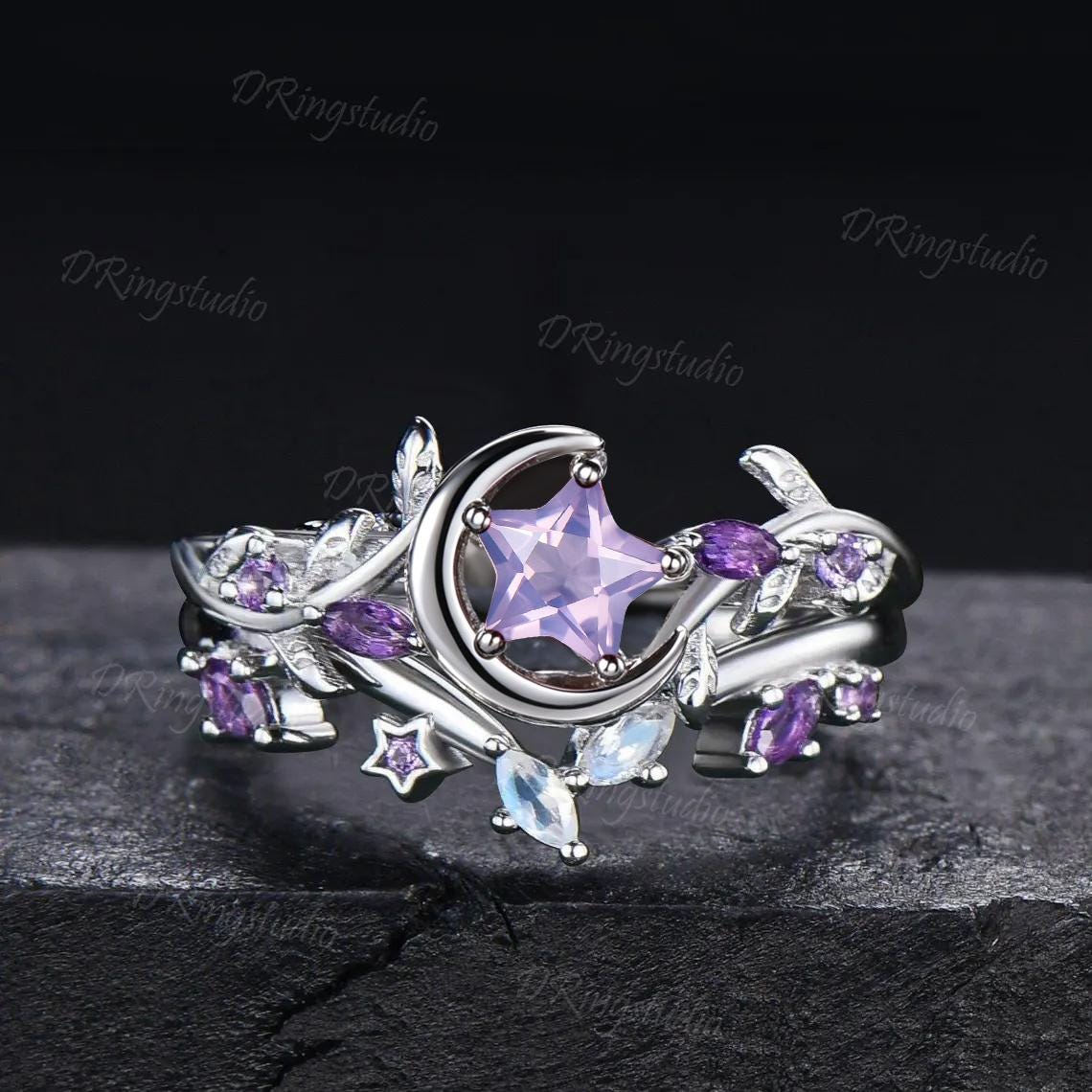 Star Cut Natural Lavender Amethyst Engagement Ring Set Silver Moonstone Purple Gemstone Leaf Promise Ring Crescent Moon Anniversary Ring