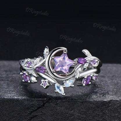 Star Cut Natural Lavender Amethyst Engagement Ring Set Silver Moonstone Purple Gemstone Leaf Promise Ring Crescent Moon Anniversary Ring