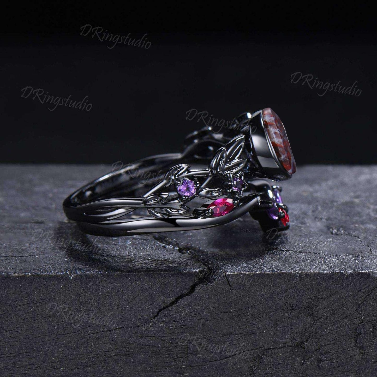 Black Moon Star Bloodstone Engagement Ring for Women Unique Nature Leaf Black Gold Amethyst Ruby Ring Set Natural Bloodstone Stacking Rings
