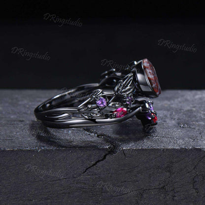 Black Moon Star Bloodstone Engagement Ring for Women Unique Nature Leaf Black Gold Amethyst Ruby Ring Set Natural Bloodstone Stacking Rings