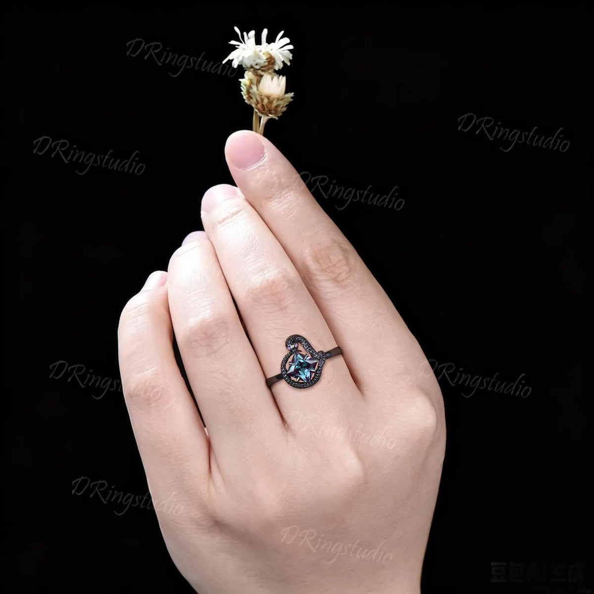 Black Gold Snake Engagement Ring 7mm Round Color-Change Alexandrite Ouroboros Ring Amethyst Serpent Wedding Ring June Birthstone Gifts