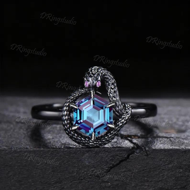Black Gold Snake Engagement Ring 7mm Round Color-Change Alexandrite Ouroboros Ring Amethyst Serpent Wedding Ring June Birthstone Gifts
