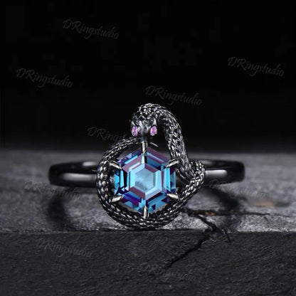 Black Gold Snake Engagement Ring 7mm Round Color-Change Alexandrite Ouroboros Ring Amethyst Serpent Wedding Ring June Birthstone Gifts