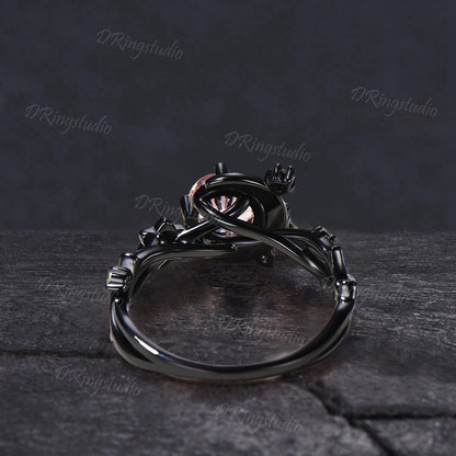 Fireworks Cut Padparadscha Sapphire Engagement Ring Black Gold Crescent Moon Peridot Wedding Ring Round Pink Sapphire Star Leaf Ring for Her