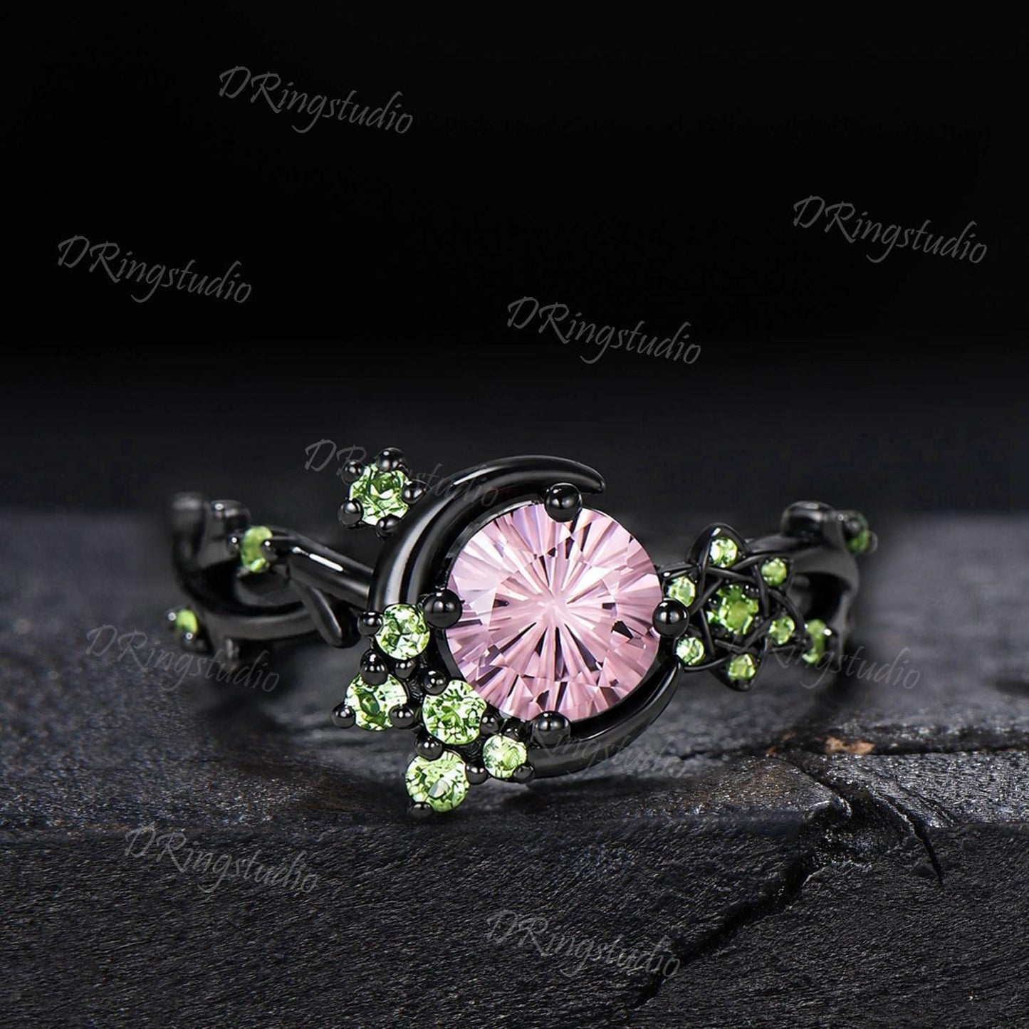Fireworks Cut Padparadscha Sapphire Engagement Ring Black Gold Crescent Moon Peridot Wedding Ring Round Pink Sapphire Star Leaf Ring for Her