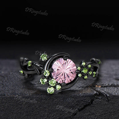 Fireworks Cut Padparadscha Sapphire Engagement Ring Black Gold Crescent Moon Peridot Wedding Ring Round Pink Sapphire Star Leaf Ring for Her