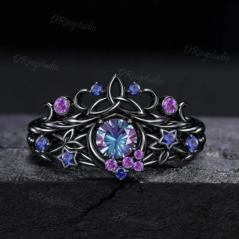 Unique Fireworks Cut Alexandrite Engagement Ring Set Moon Leaf Design Black Gold Amethyst Cluster Wedding Rings Alternative Bridal Gift
