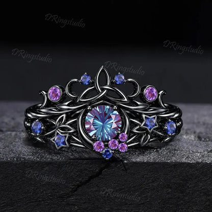 Unique Fireworks Cut Alexandrite Engagement Ring Set Moon Leaf Design Black Gold Amethyst Cluster Wedding Rings Alternative Bridal Gift