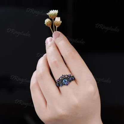 Unique Fireworks Cut Alexandrite Engagement Ring Set Moon Leaf Design Black Gold Amethyst Cluster Wedding Rings Alternative Bridal Gift