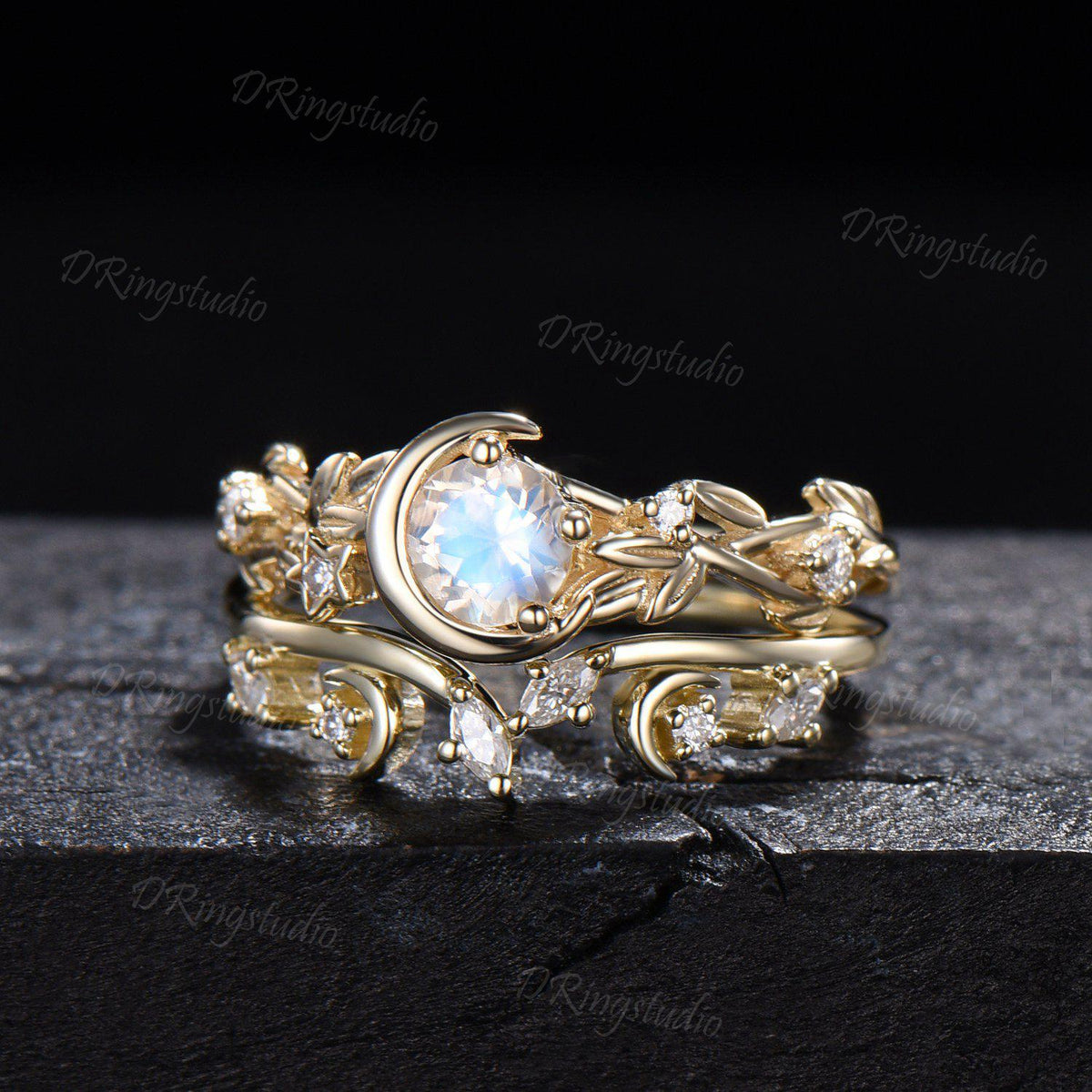 Yellow Gold 5mm Round Moonstone Engagement Ring Set Nature Inspired Crescent Moon Star Moissanite Wedding Ring 2pcs Leaf Vine Ring for Women