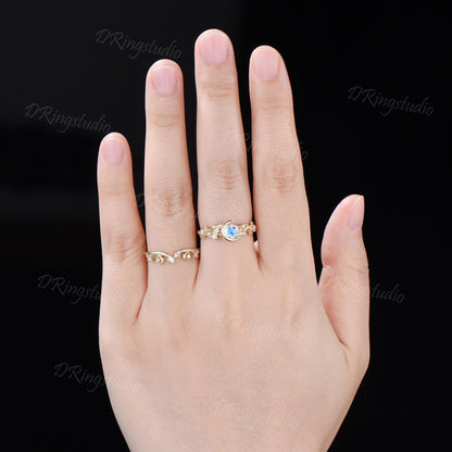Yellow Gold 5mm Round Moonstone Engagement Ring Set Nature Inspired Crescent Moon Star Moissanite Wedding Ring 2pcs Leaf Vine Ring for Women