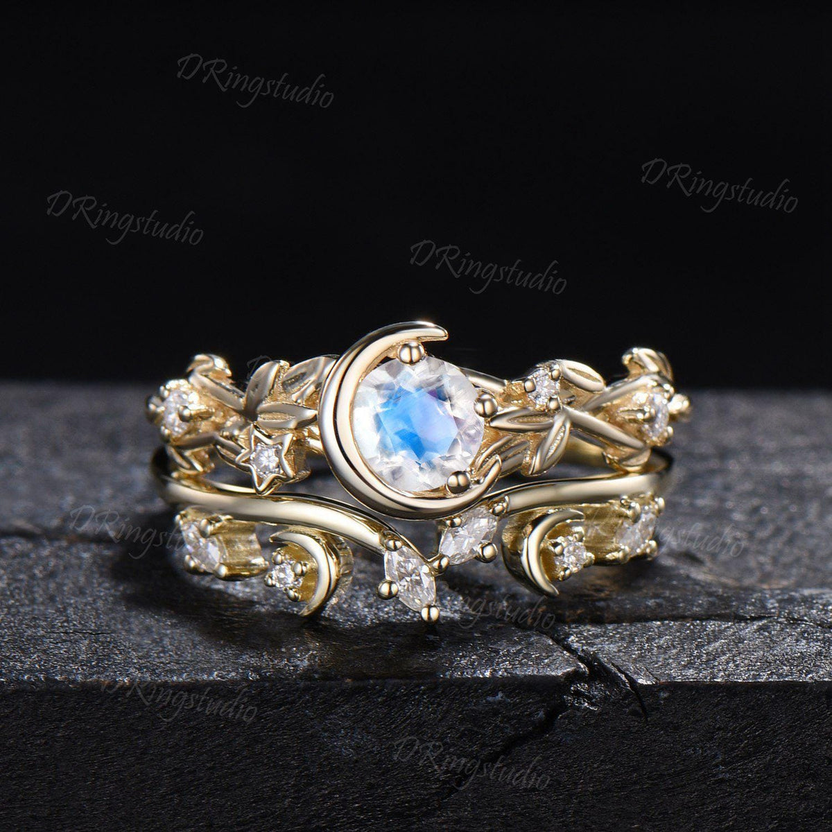 Yellow Gold 5mm Round Moonstone Engagement Ring Set Nature Inspired Crescent Moon Star Moissanite Wedding Ring 2pcs Leaf Vine Ring for Women