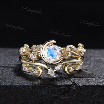 Yellow Gold 5mm Round Moonstone Engagement Ring Set Nature Inspired Crescent Moon Star Moissanite Wedding Ring 2pcs Leaf Vine Ring for Women