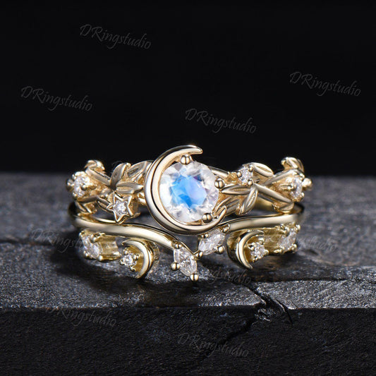 Yellow Gold 5mm Round Moonstone Engagement Ring Set Nature Inspired Crescent Moon Star Moissanite Wedding Ring 2pcs Leaf Vine Ring for Women