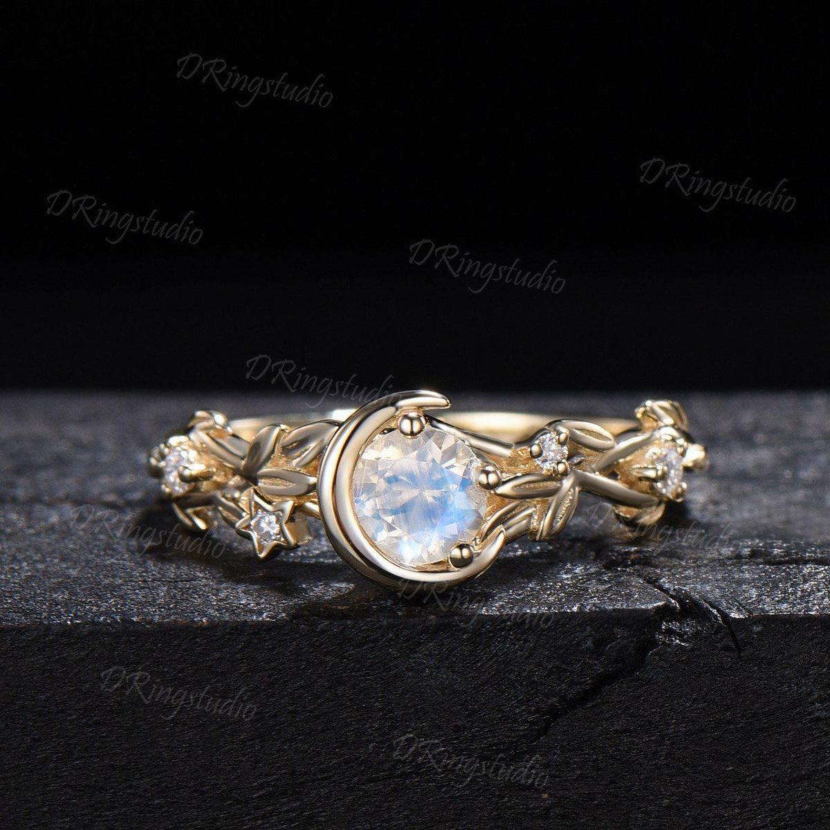 Yellow Gold 5mm Round Moonstone Engagement Ring Set Nature Inspired Crescent Moon Star Moissanite Wedding Ring 2pcs Leaf Vine Ring for Women