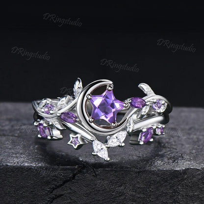 Star Shape Amethyst Ring Set Celestial Inspired Moon Vine Engagement Ring 10K White Gold Moonstone Amethyst Cluster Ring Gifts for Women