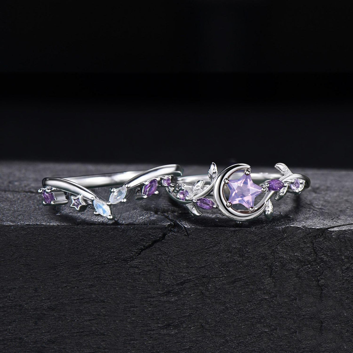 Star Cut Natural Lavender Amethyst Engagement Ring Set Silver Moonstone Purple Gemstone Leaf Promise Ring Crescent Moon Anniversary Ring