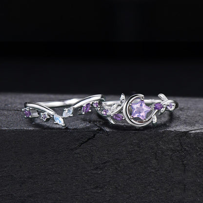 Star Cut Natural Lavender Amethyst Engagement Ring Set Silver Moonstone Purple Gemstone Leaf Promise Ring Crescent Moon Anniversary Ring