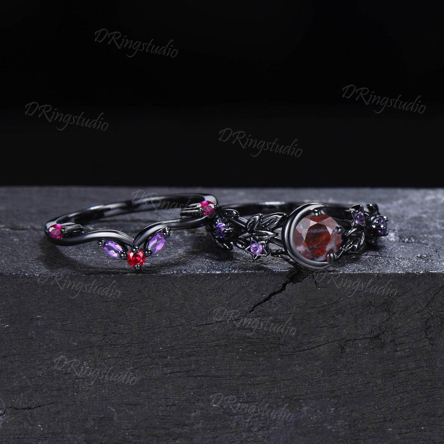 Black Moon Star Bloodstone Engagement Ring for Women Unique Nature Leaf Black Gold Amethyst Ruby Ring Set Natural Bloodstone Stacking Rings