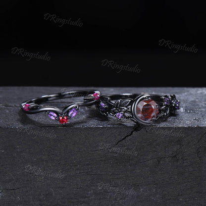 Black Moon Star Bloodstone Engagement Ring for Women Unique Nature Leaf Black Gold Amethyst Ruby Ring Set Natural Bloodstone Stacking Rings