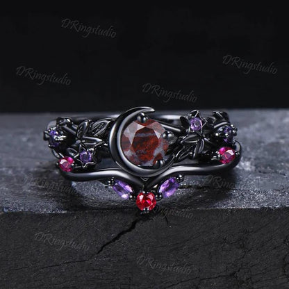 Black Moon Star Bloodstone Engagement Ring for Women Unique Nature Leaf Black Gold Amethyst Ruby Ring Set Natural Bloodstone Stacking Rings