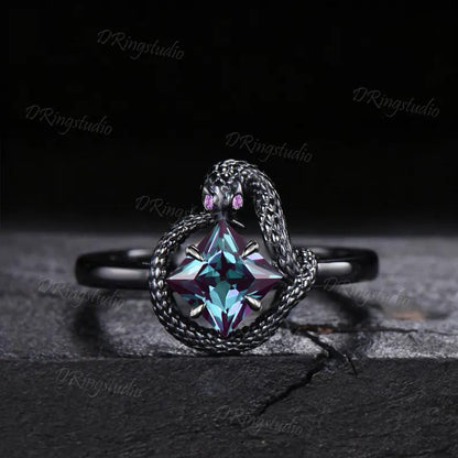 Black Gold Snake Engagement Ring 7mm Round Color-Change Alexandrite Ouroboros Ring Amethyst Serpent Wedding Ring June Birthstone Gifts