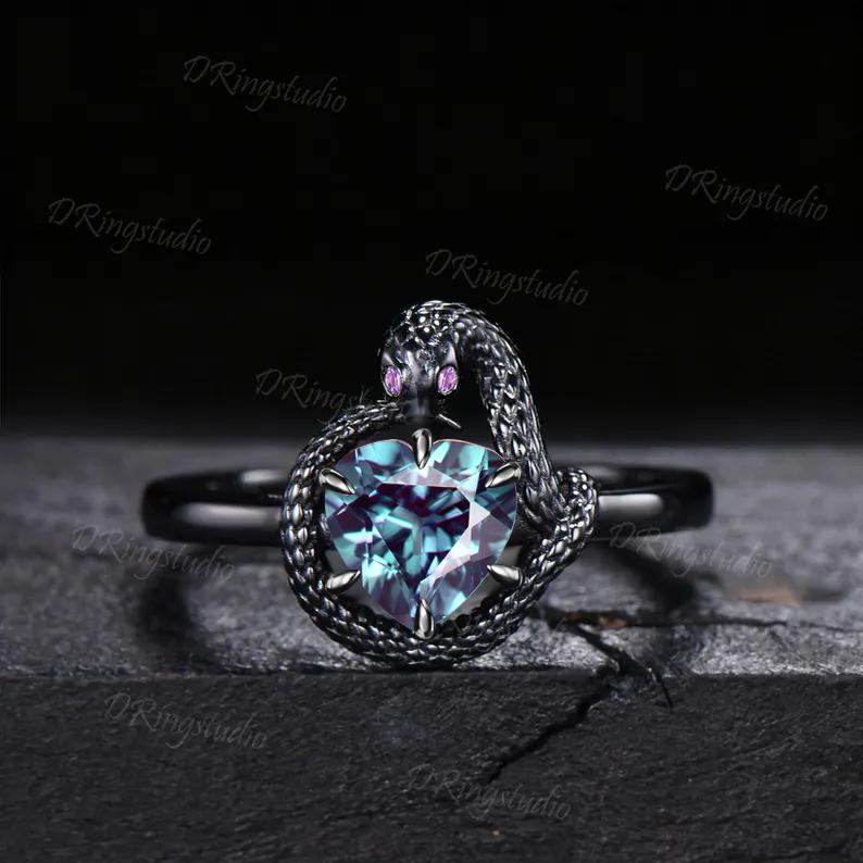 Black Gold Snake Engagement Ring 7mm Round Color-Change Alexandrite Ouroboros Ring Amethyst Serpent Wedding Ring June Birthstone Gifts