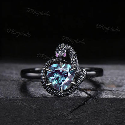 Black Gold Snake Engagement Ring 7mm Round Color-Change Alexandrite Ouroboros Ring Amethyst Serpent Wedding Ring June Birthstone Gifts