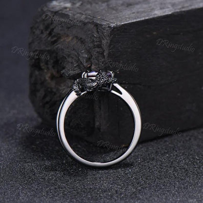 Black Gold Snake Engagement Ring 7mm Round Color-Change Alexandrite Ouroboros Ring Amethyst Serpent Wedding Ring June Birthstone Gifts